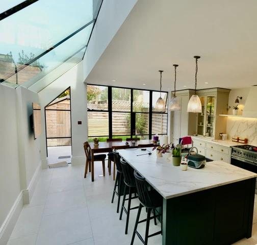 Glazed roof running the length of the extension, over the island and dining end