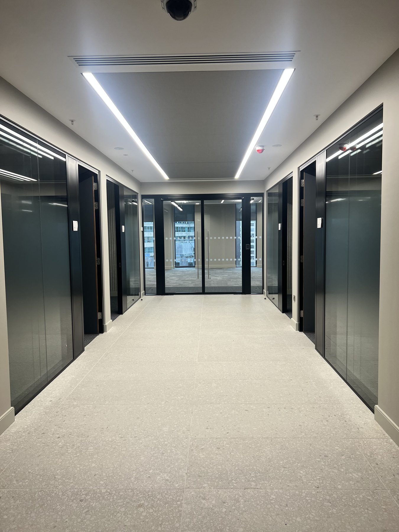 Terrazzo lift lobby with framed glazed partitions