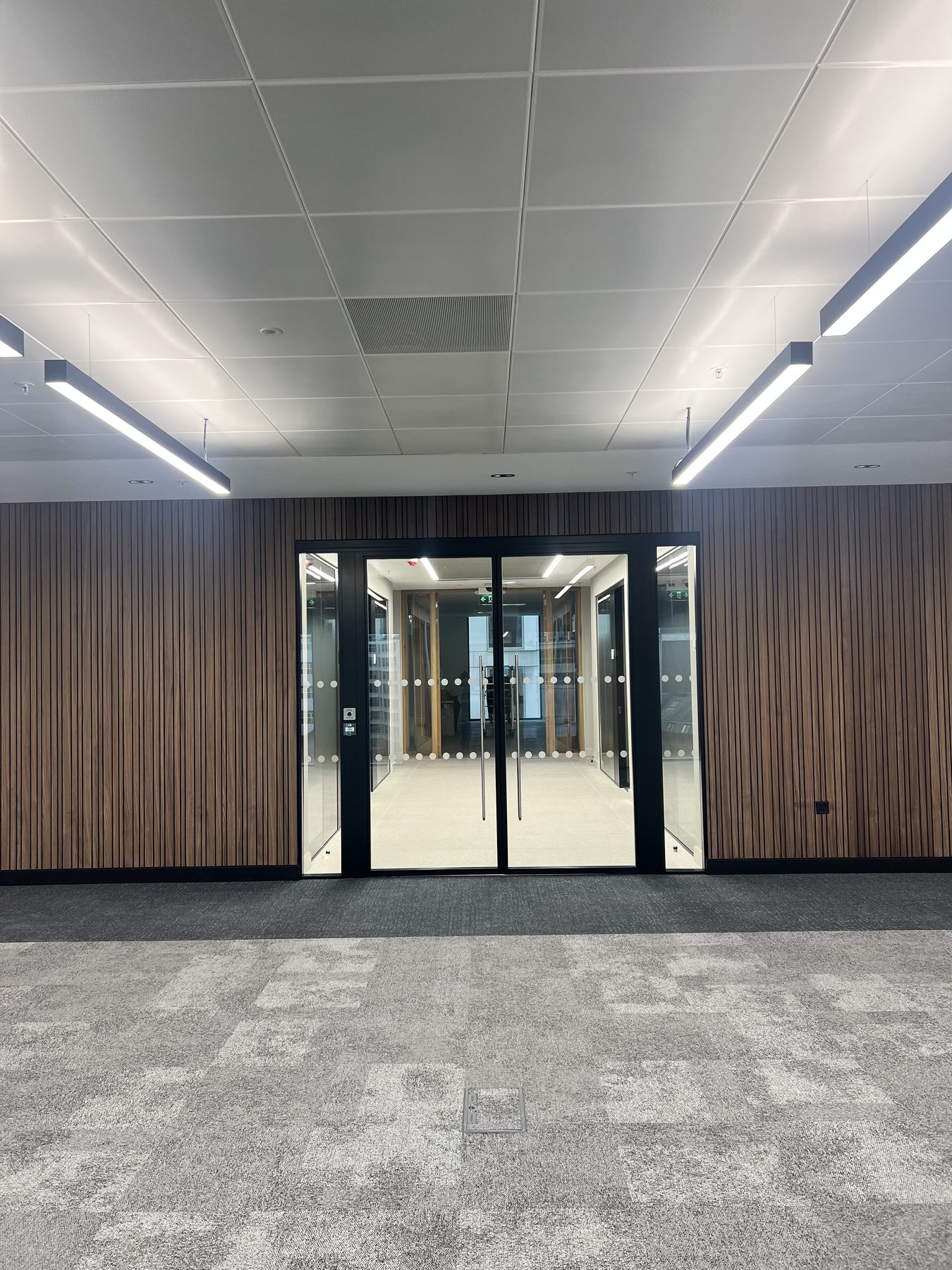 Glazed double doors set flush into the walnut slat wall